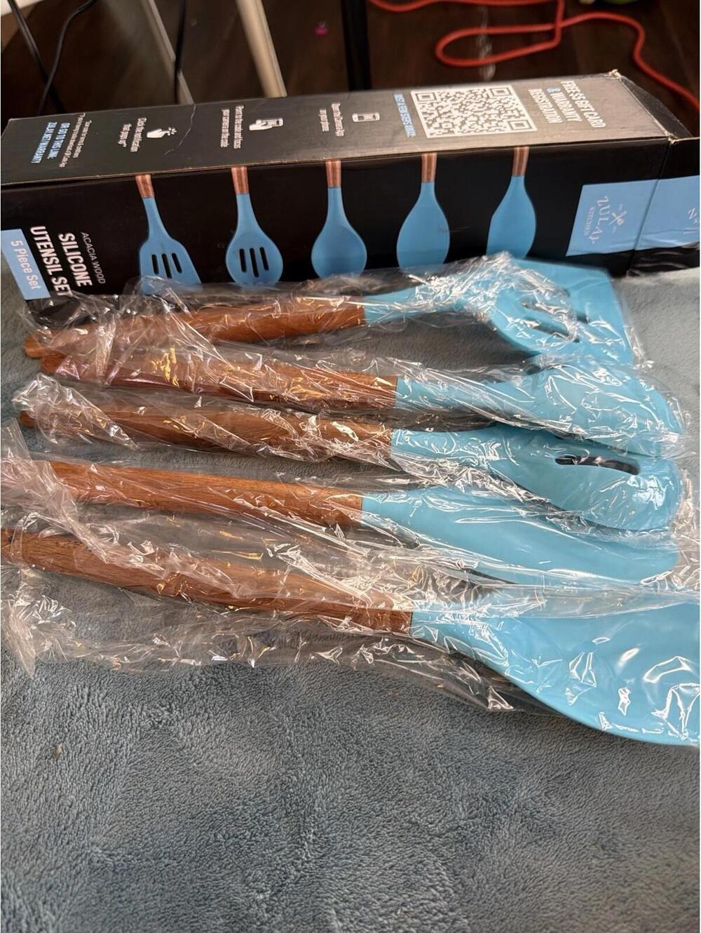 Zulay Kitchen Silicone Utensil Set 5 Piece Acacia Wood Handle Blue Cooking Tools
